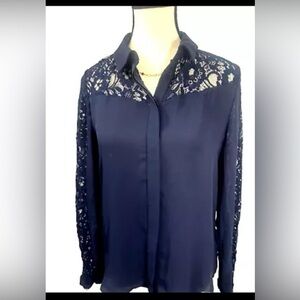 Zara Basic Collection Navy Women's  Blouse With Long lace Sleeves And Yoke XS